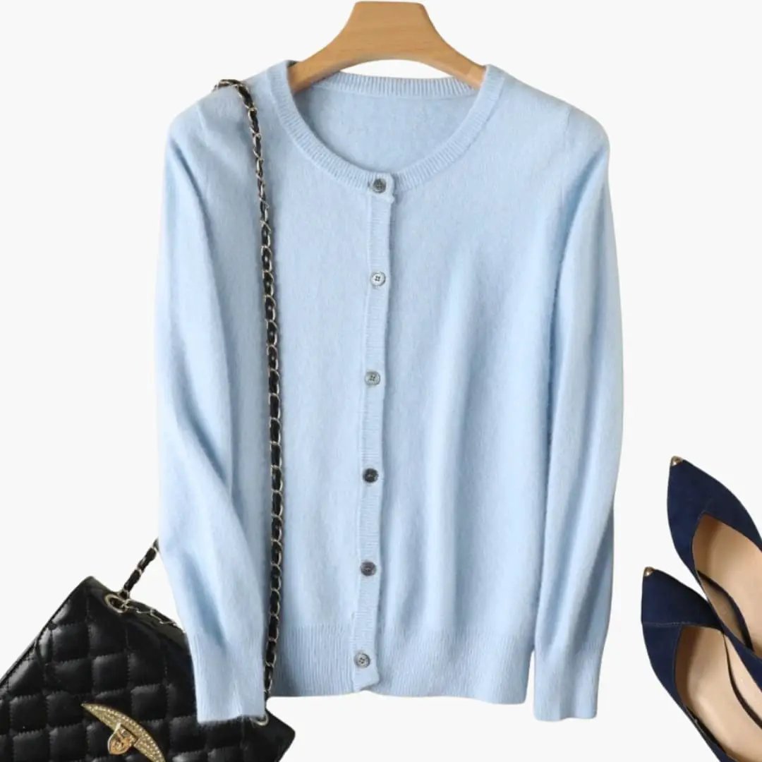Wilfred Smith women’s cardigan in light blue knit with button-front closure and ribbed cuffs