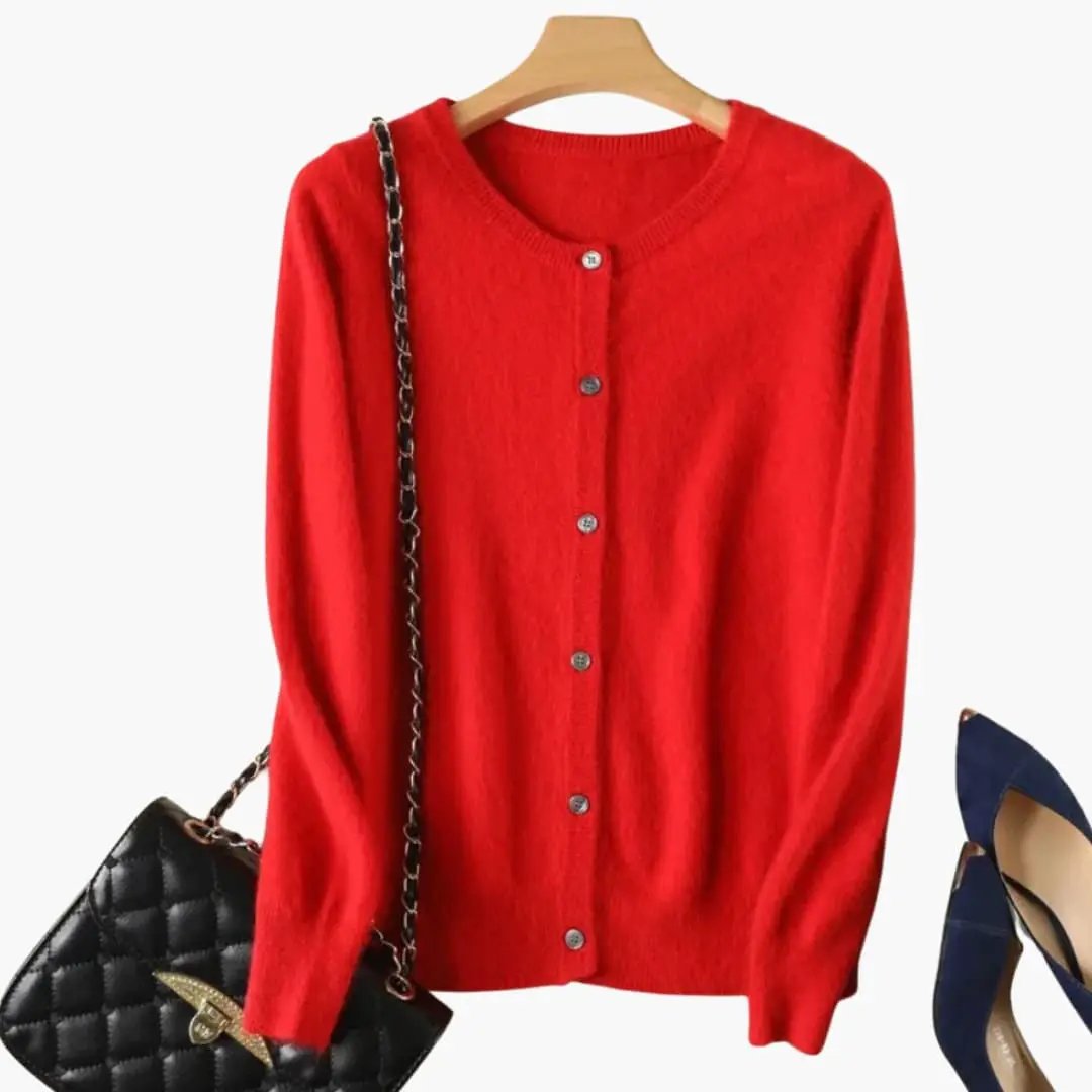Women’s cardigan, red knit with button-front closure and ribbed cuffs, Wilfred Smith
