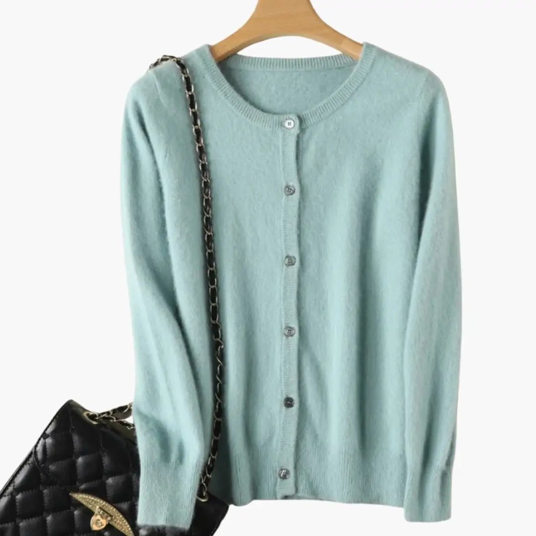 Women’s Cardigan by Wilfred Smith in teal, button front with ribbed cuffs; includes a black quilted bag (2 items)