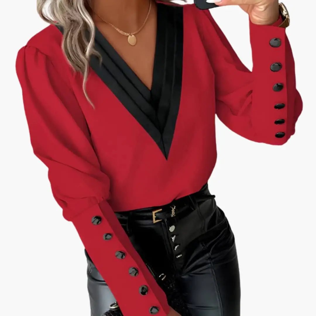 Women's color-block red and black V-neck blouse, long sleeves, woven pullover top