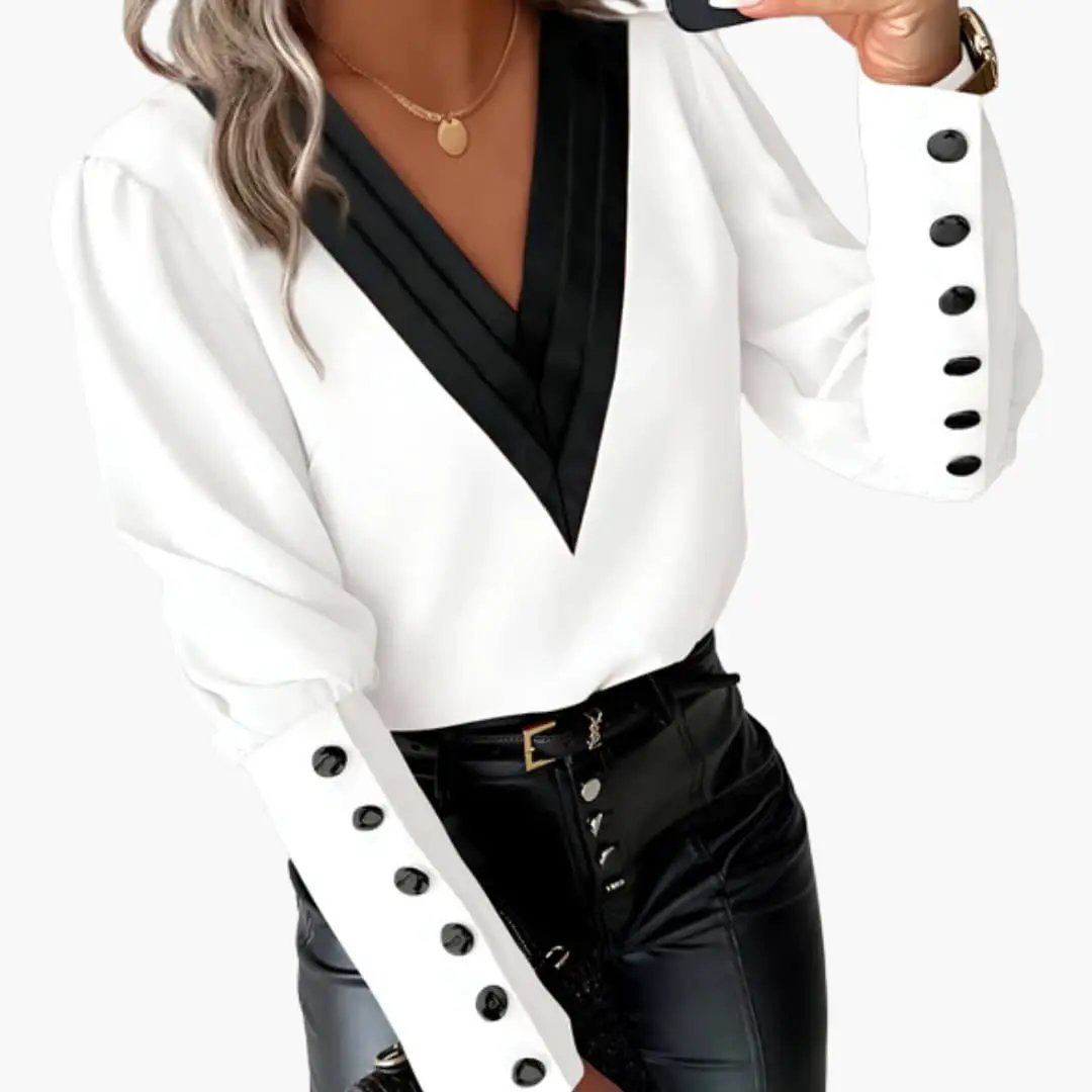 Women's color block V-neck blouse, white with black lapel, long sleeves with buttoned cuffs