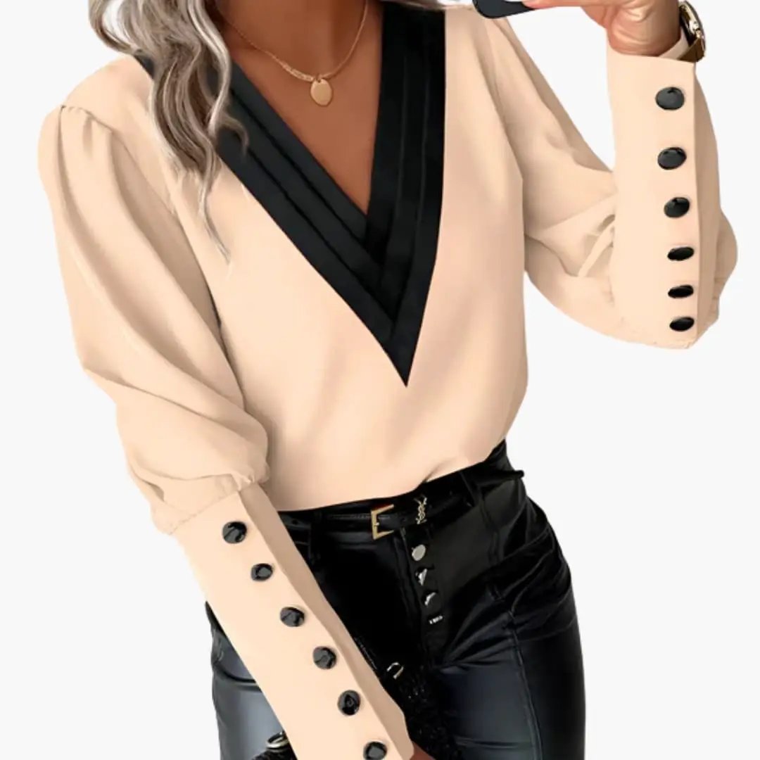 Women's Color Block V-Neck Blouse by Wilfred Smith, beige body with black V-neck trim, long sleeves