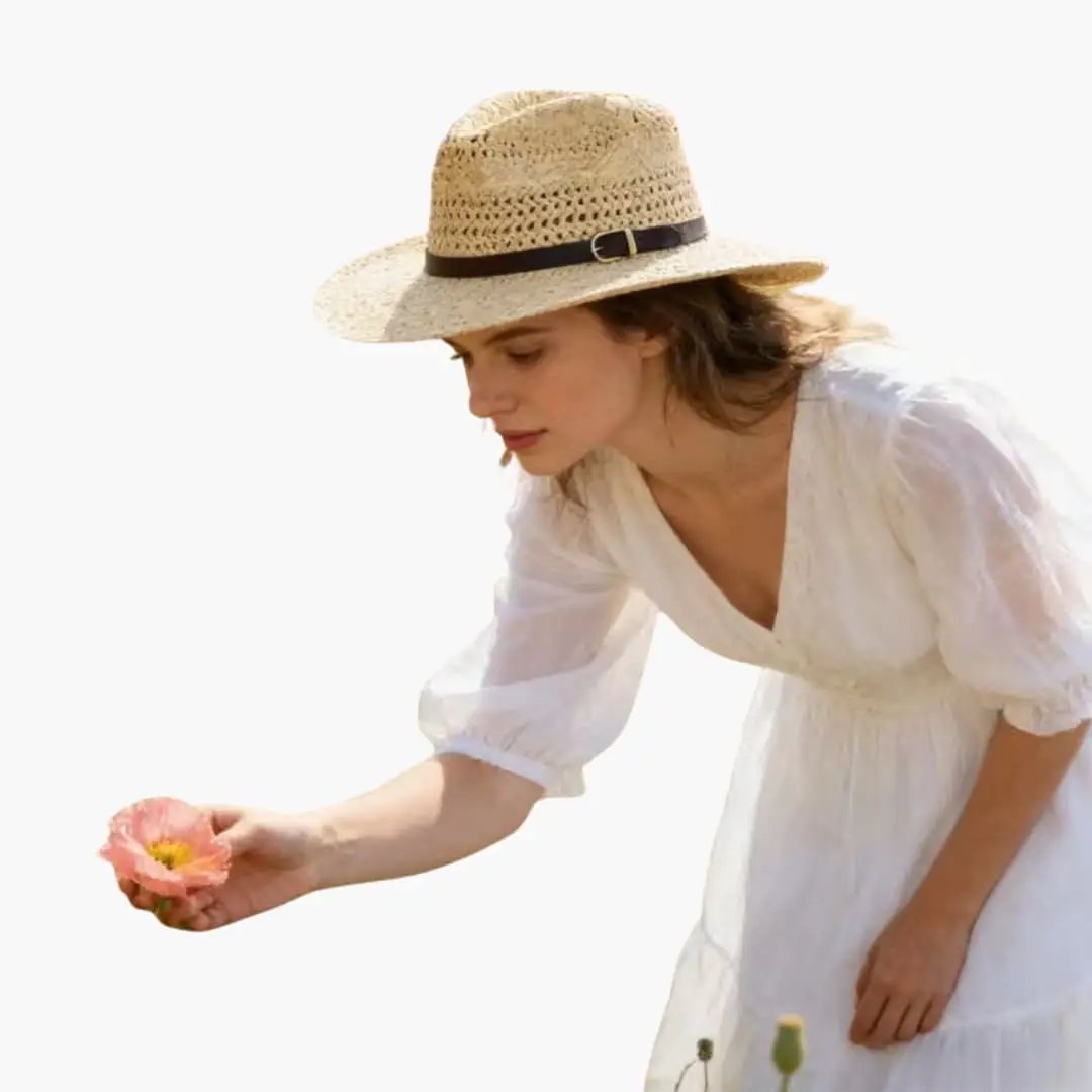Women's cowboy hat with wide brim by Wilfred Smith, natural straw sun hat