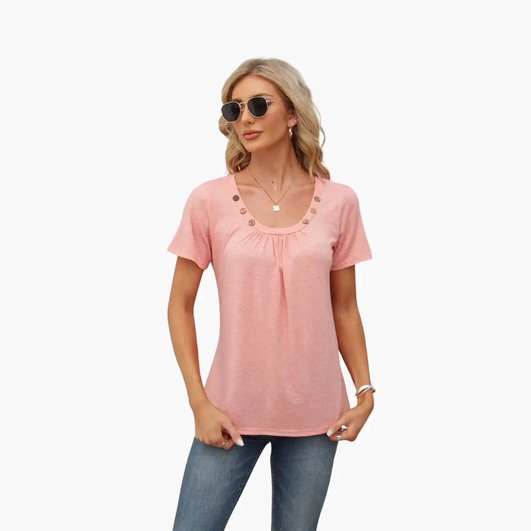 Women's pink T-shirt with crew neck, short sleeves and decorative button-front detail