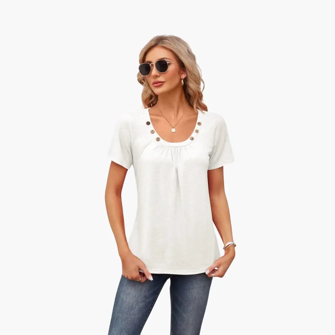 Women's T-shirt by Wilfred Smith, white crew-neck short-sleeve with decorative front buttons