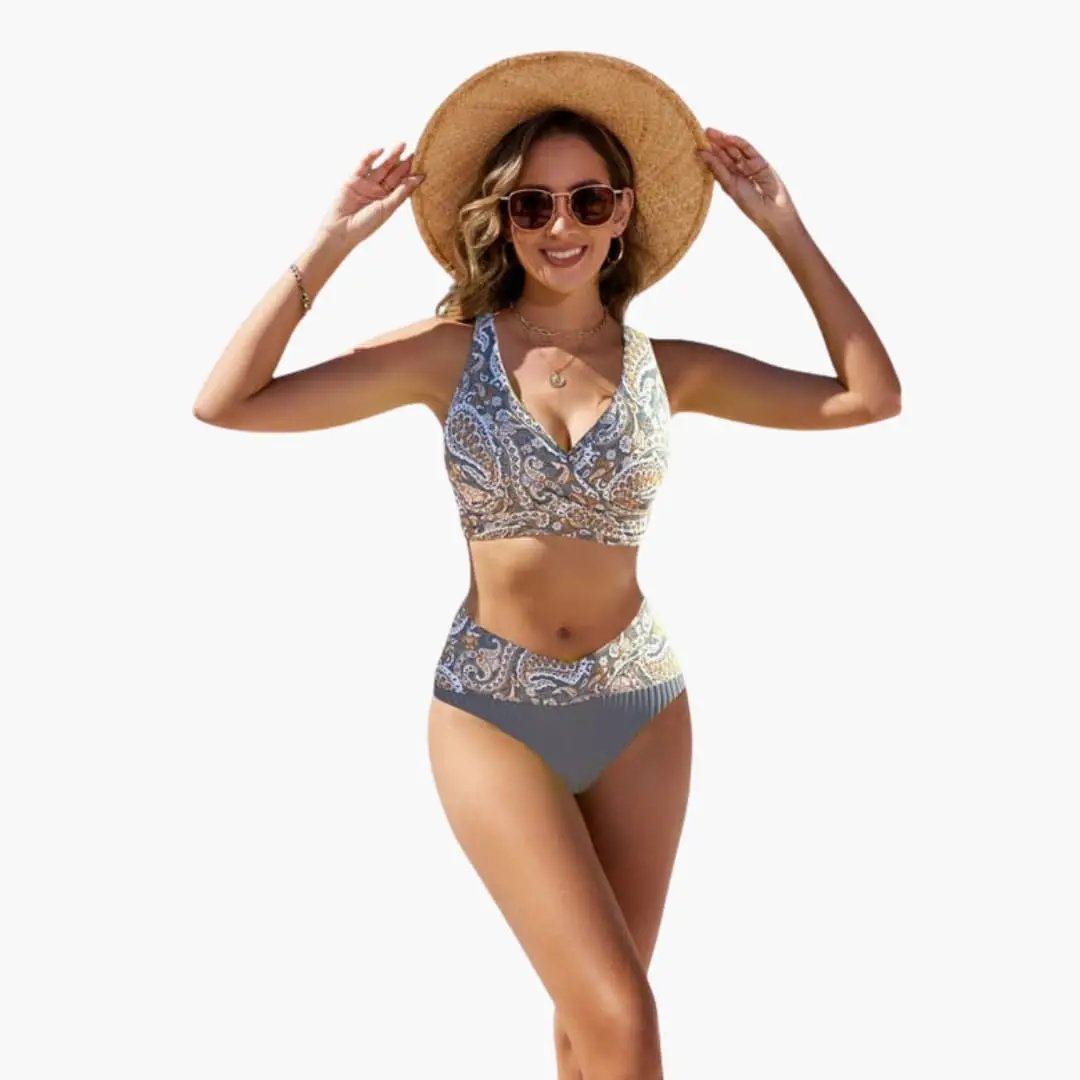 Women’s Crossover Front Bikini Set with Adjustable Straps in blue paisley print top and gray ribbed bottoms.