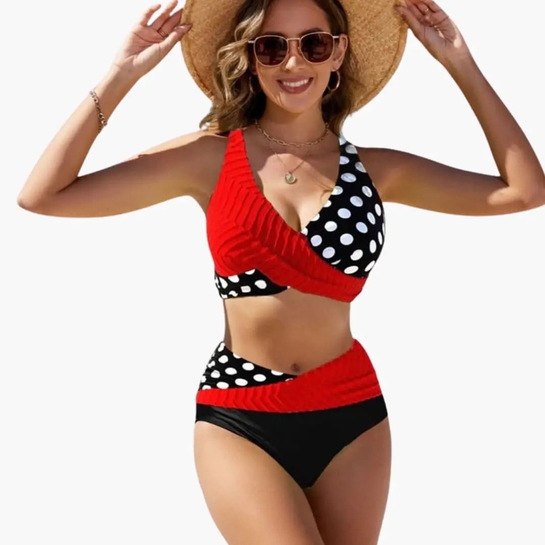 Women's Crossover Front Bikini Set with Adjustable Straps - red and black polka-dot two-piece