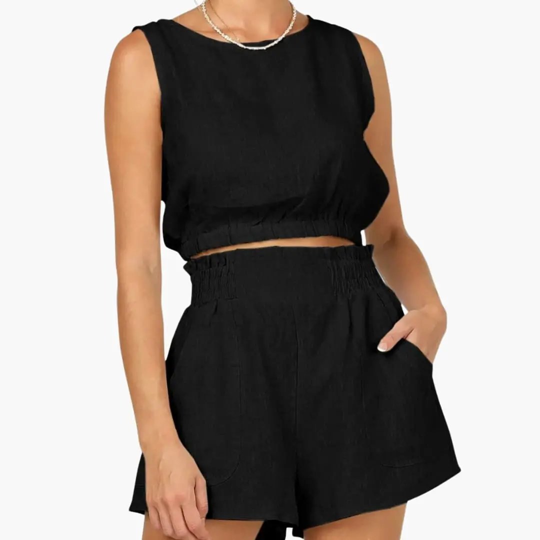 Women's drawstring-hem top and elastic-waist shorts two-piece set in black