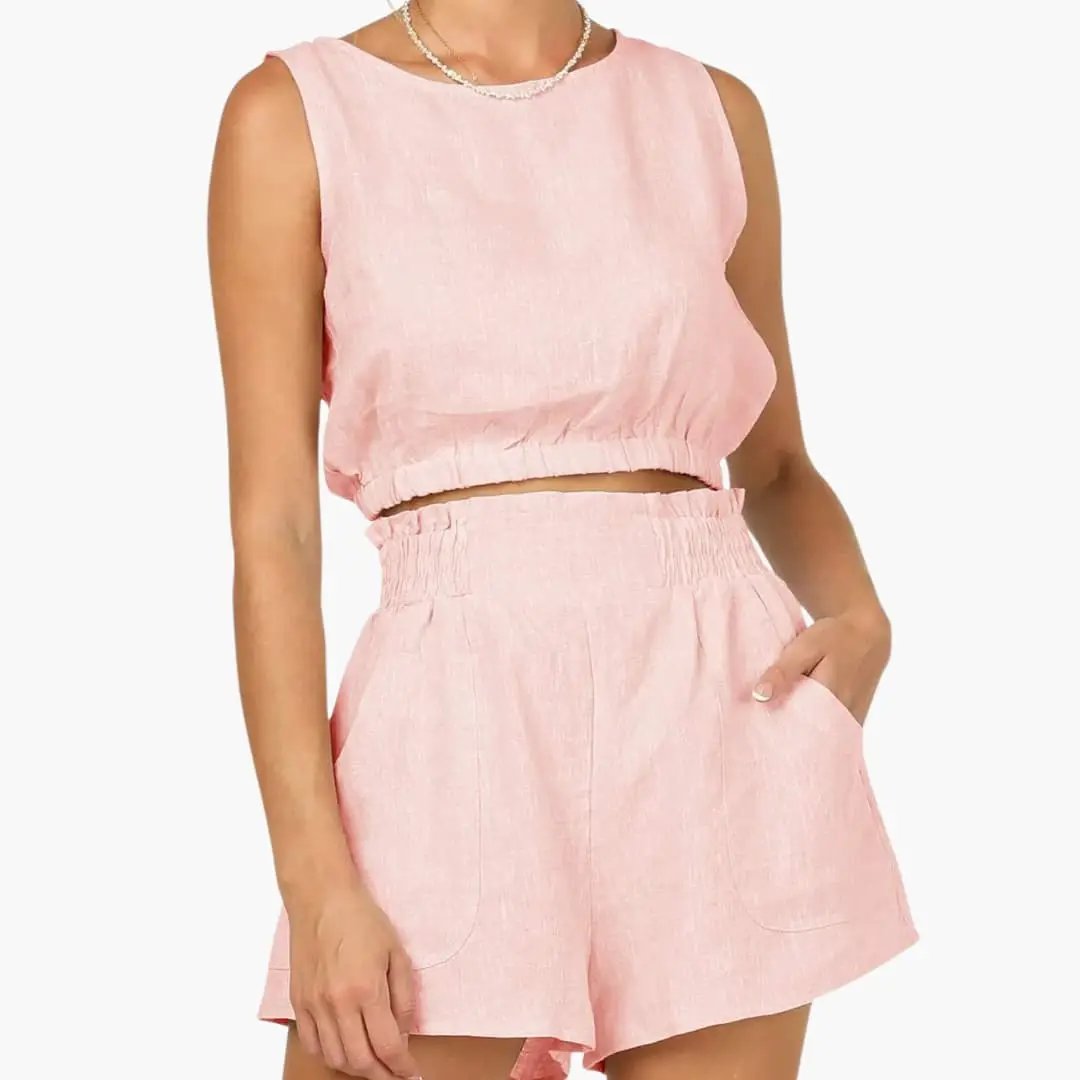 Women's Drawstring Hem Top and Elastic Waist Shorts Two-Piece Set in pink linen by Wilfred Smith