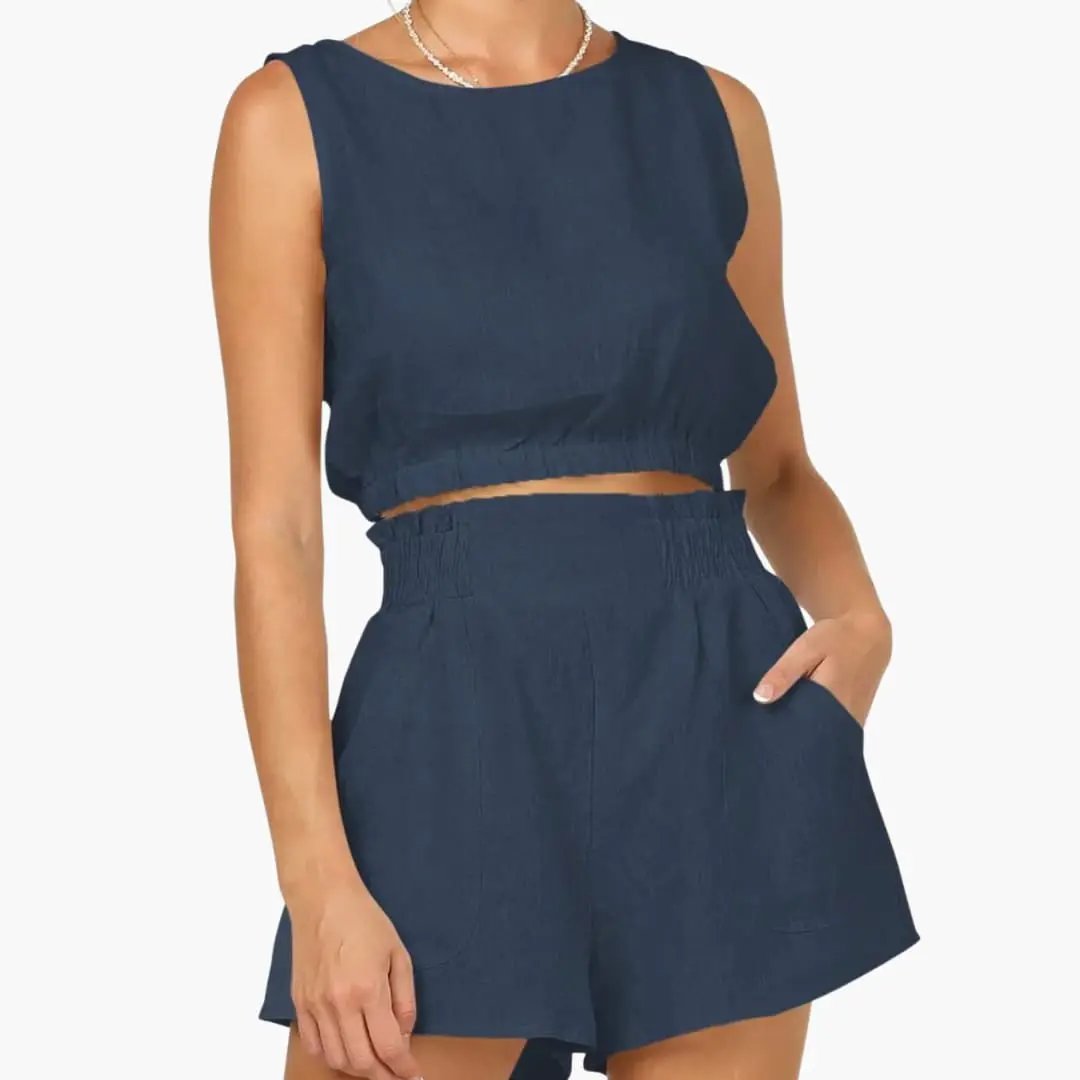 Women's Drawstring Hem Top and Elastic Waist Shorts Two-Piece Set in navy by Wilfred Smith