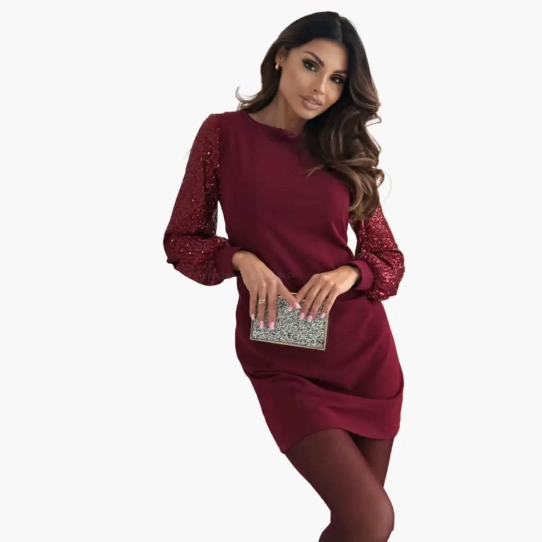 Women's dress by Wilfred Smith in burgundy with long sequined sleeves