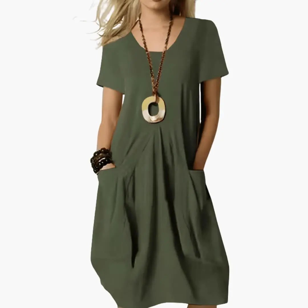 Women's olive green knee-length dress with short sleeves, front pleats and pockets