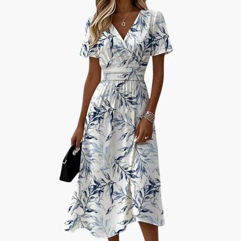 Women's dress with wrap top and stretch waist; white with blue botanical print, midi length