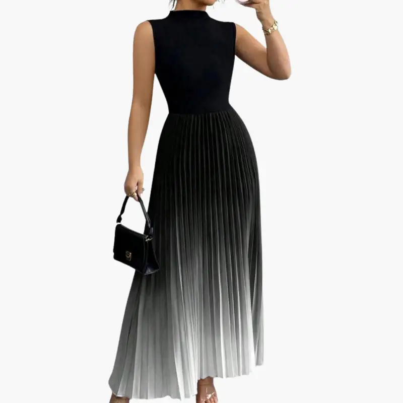 Women's Wilfred Smith sleeveless evening dress with pleated gradient skirt, black to gray maxi length