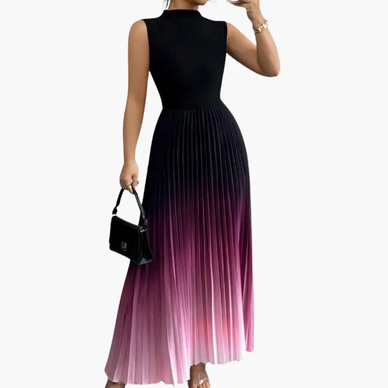 Women's sleeveless evening dress with a pleated ombre skirt transitioning from black to pink.
