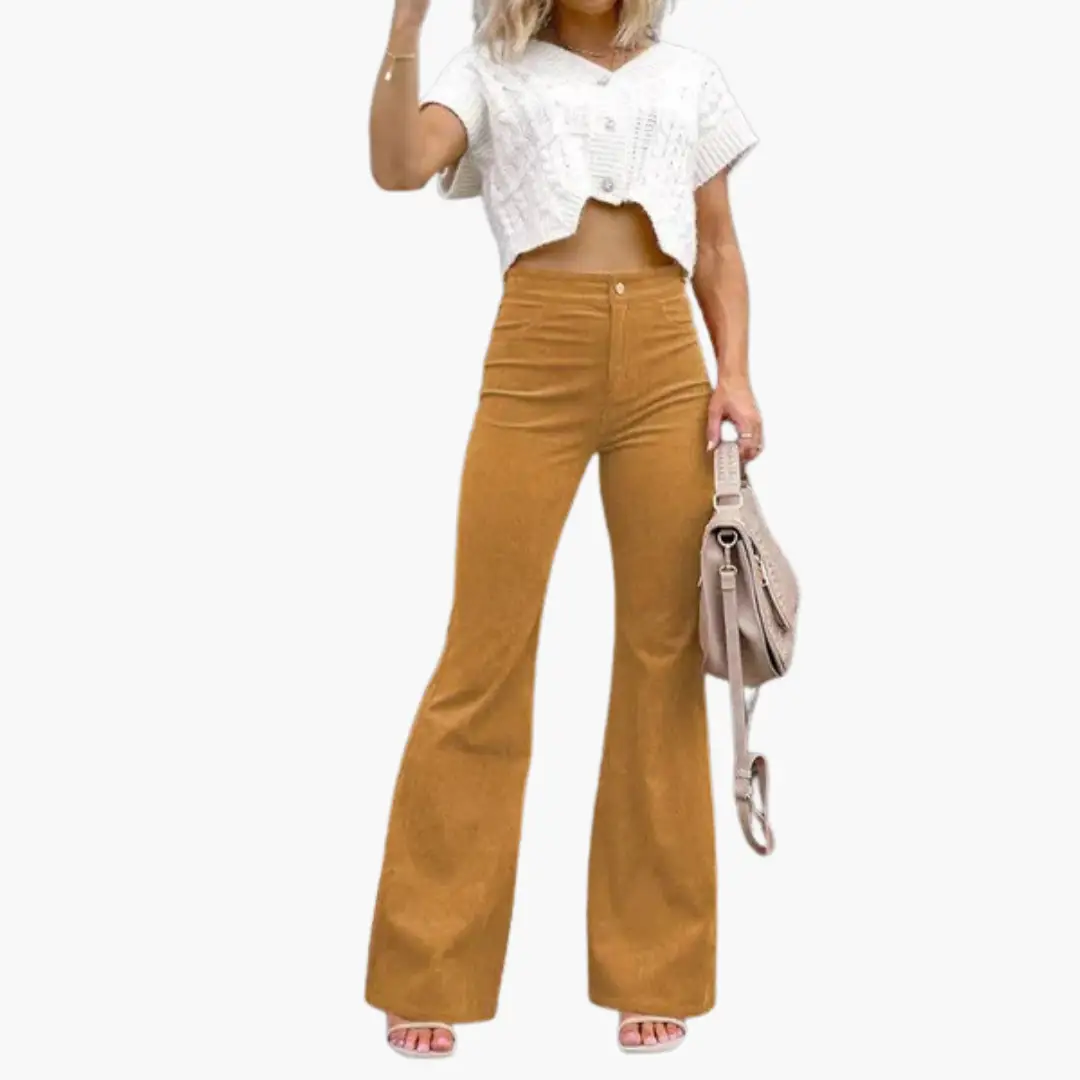 Women’s flare pants with high waist and pockets in mustard corduroy