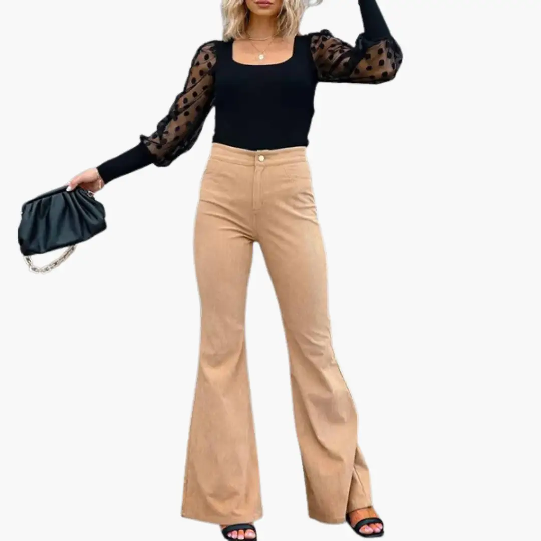 Women's flare pants in tan corduroy by Wilfred Smith, high-waist with pockets