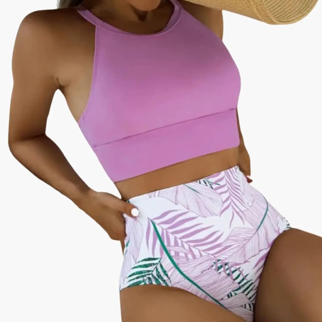 Women’s two-piece lavender floral high-waisted bikini set with adjustable straps