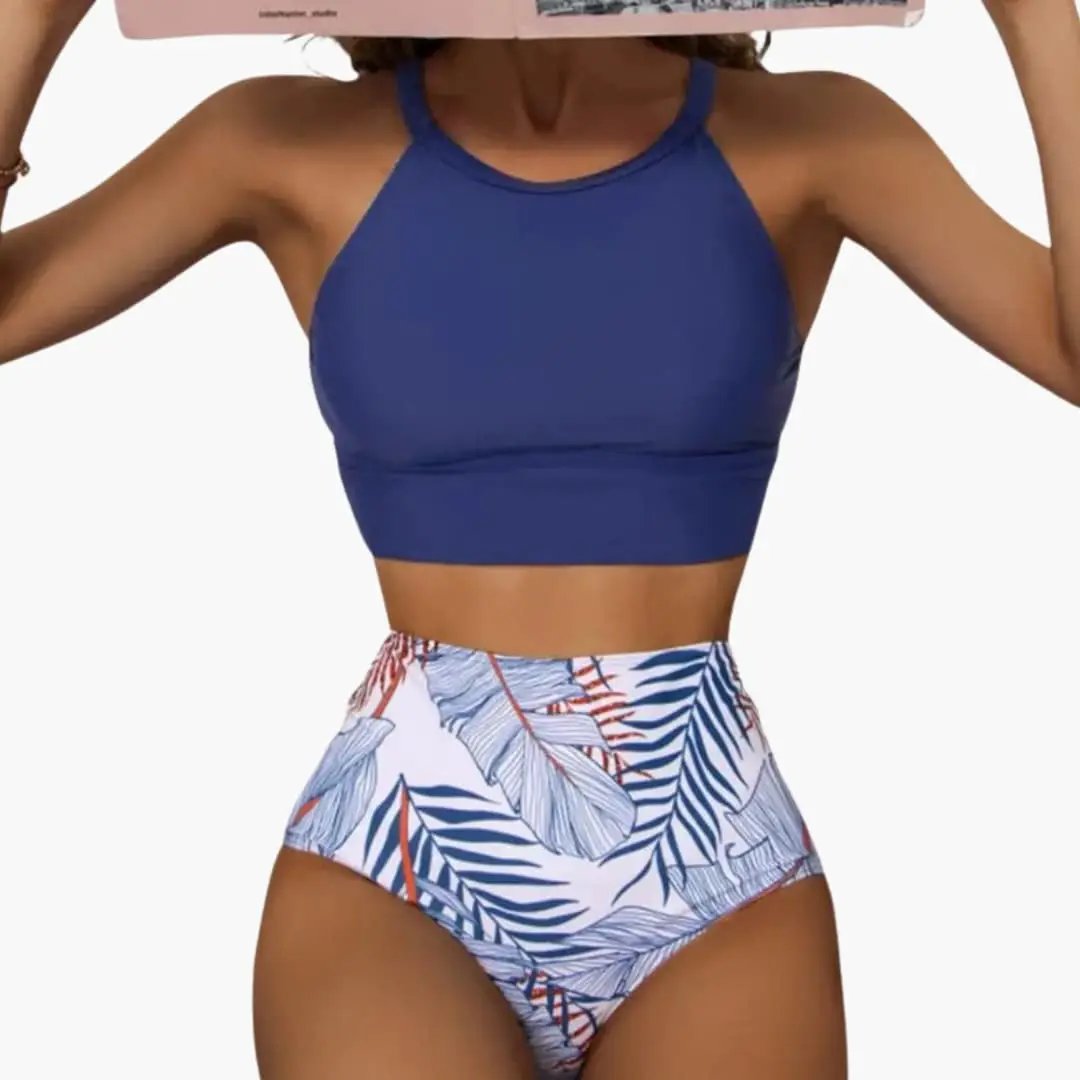 Women’s Floral High-Waisted Bikini Set with Adjustable Straps: blue top and tropical leaf-print bottoms by Wilfred Smith