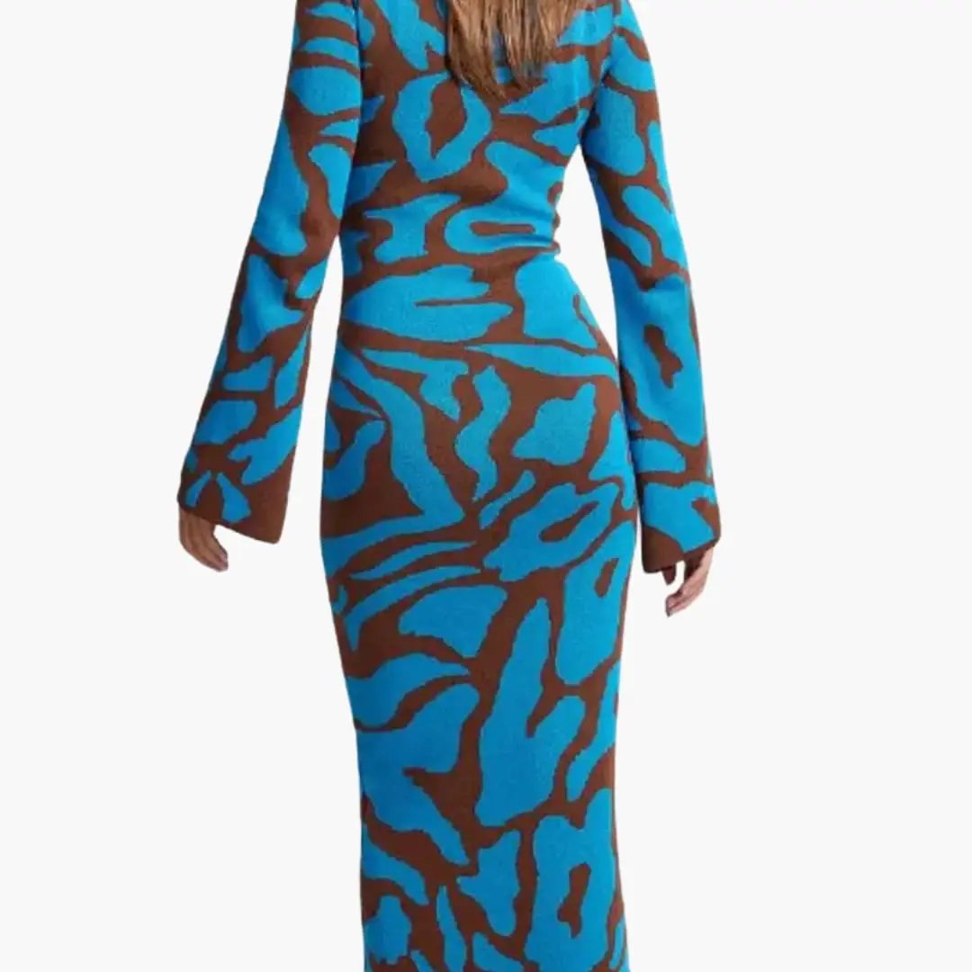 Women’s Floral Long Dress by Wilfred Smith in blue and brown abstract print, back view.