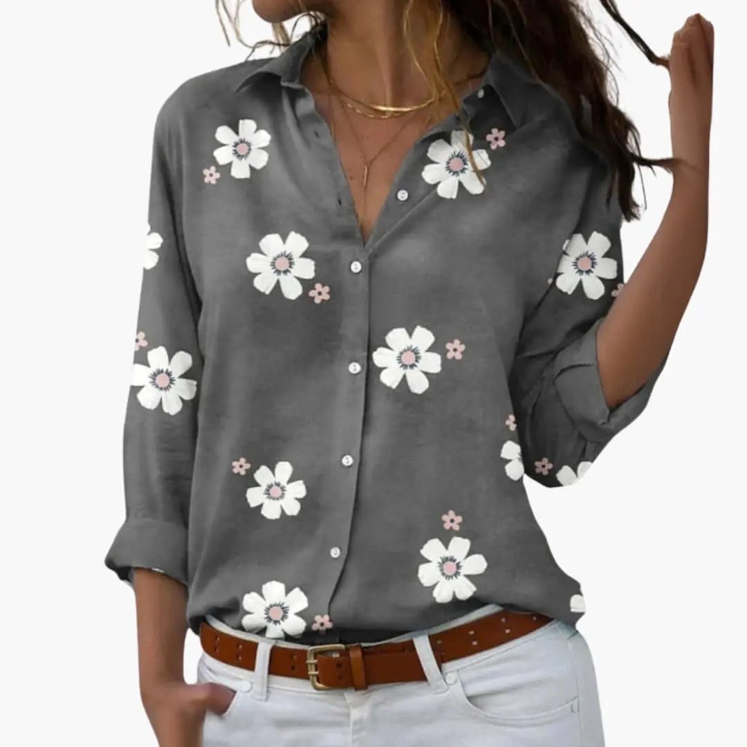 Women's floral print blouse, gray with white daisies, button-down, long sleeves, woven top.