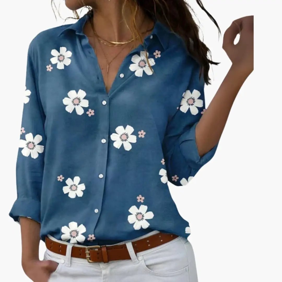 Women’s Floral Print Blouse – Long Sleeve Woven Top, blue with white flowers