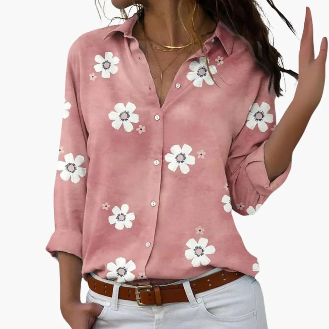 Women’s floral print pink blouse with white daisy pattern, long sleeves, woven top.
