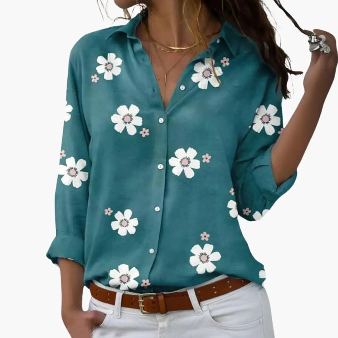 Women's Floral Print Blouse by Wilfred Smith, teal long-sleeve woven top with white daisies