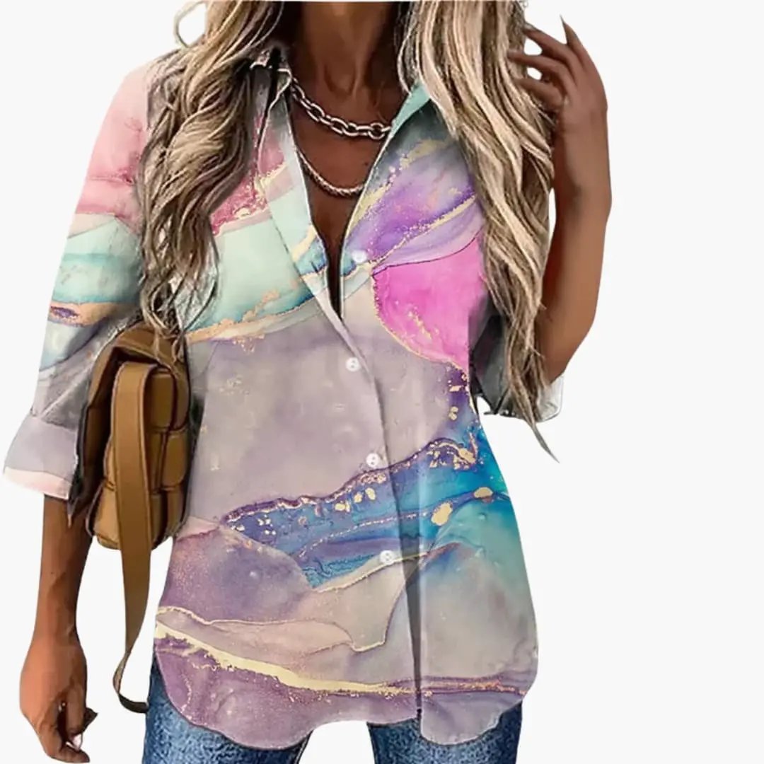 Women’s floral print round-neck woven blouse, long sleeves, pastel multicolor design