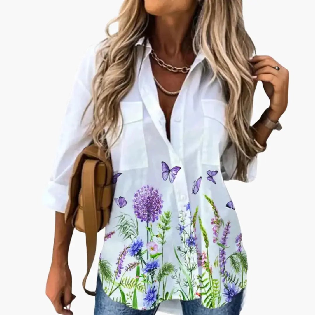 Women’s Blouse by Wilfred Smith: white floral-print woven top with long sleeves and purple flower hem