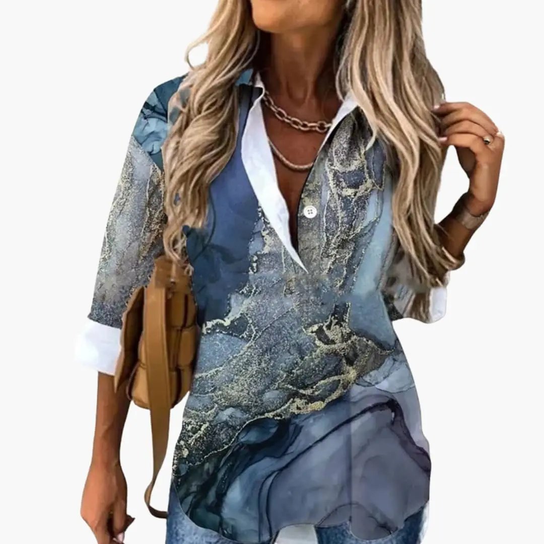 Women's floral print woven blouse in blue-gray tones with long sleeves
