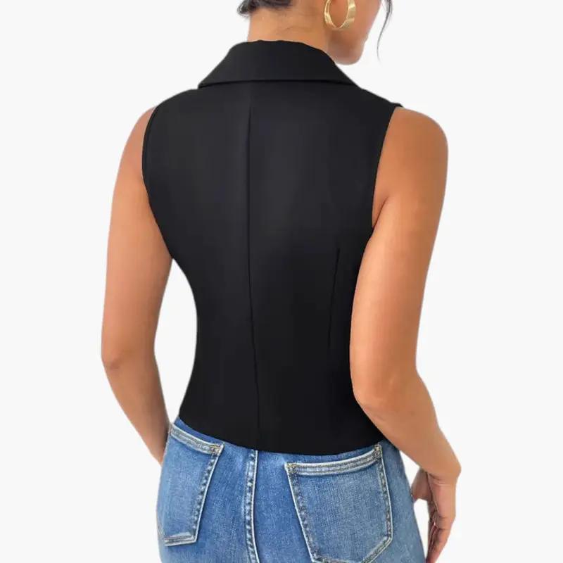 Women's black sleeveless gilet with collar, back view worn with denim jeans.
