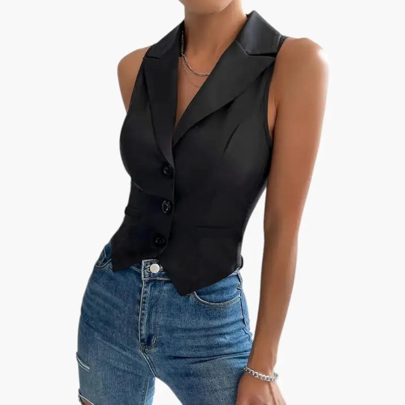 Women's gilet by Wilfred Smith, black sleeveless vest with three-button closure