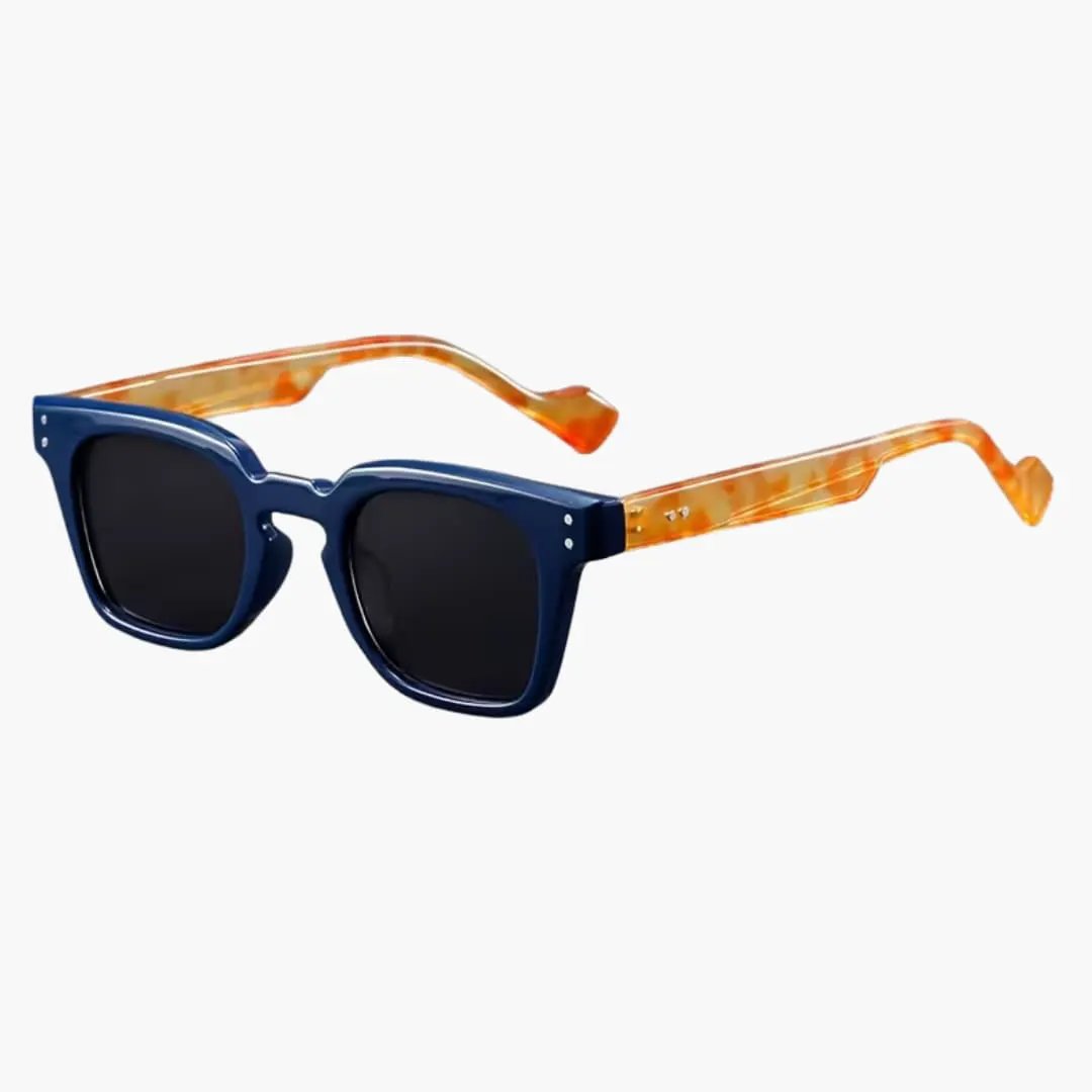 Women's Glasses with square blue frame and orange tortoiseshell temples.