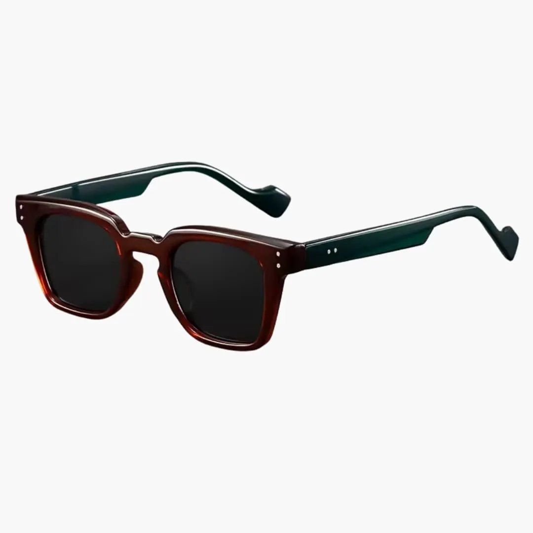 Women's Glasses with Square Frame and Metal Temples, brown translucent front and dark green temples.