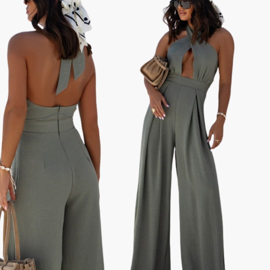 Women's halter-neck jumpsuit with front cutout, olive-green wide-leg one-piece by Wilfred Smith