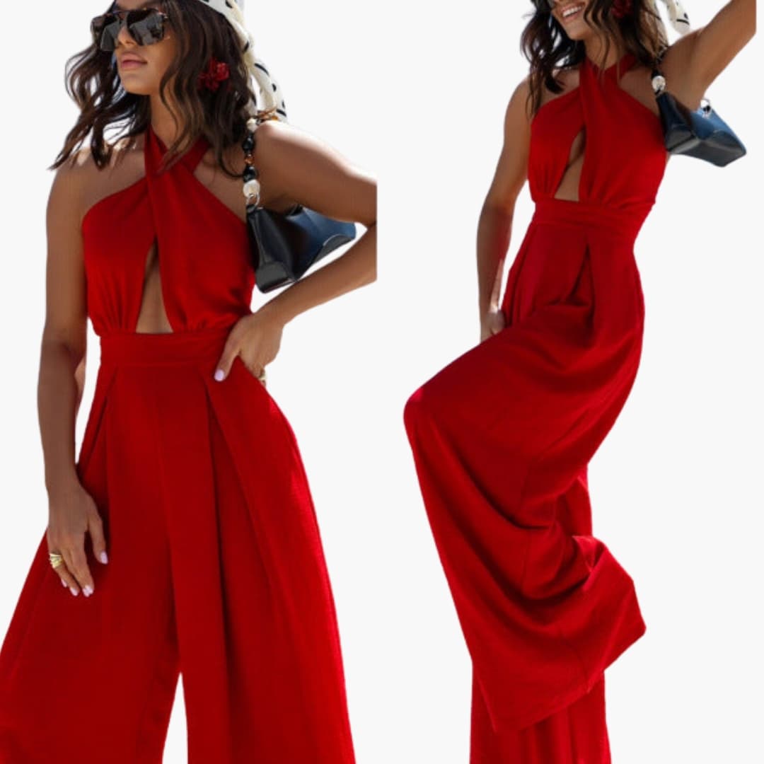 Women's halter-neck jumpsuit with front cutout in red, waist-wrap detail, one-piece