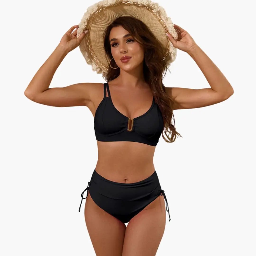 Women’s High-Waisted Bikini Set with Split Strap Top in black; classic bikini style.