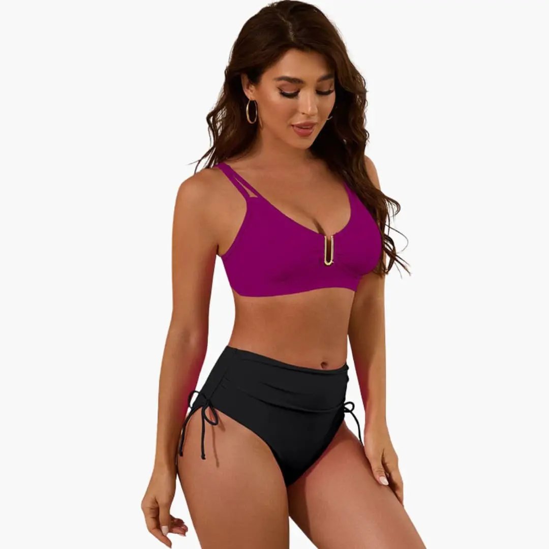 Women’s High-Waisted Bikini Set with Split-Strap Top in magenta and black bottoms by Wilfred Smith