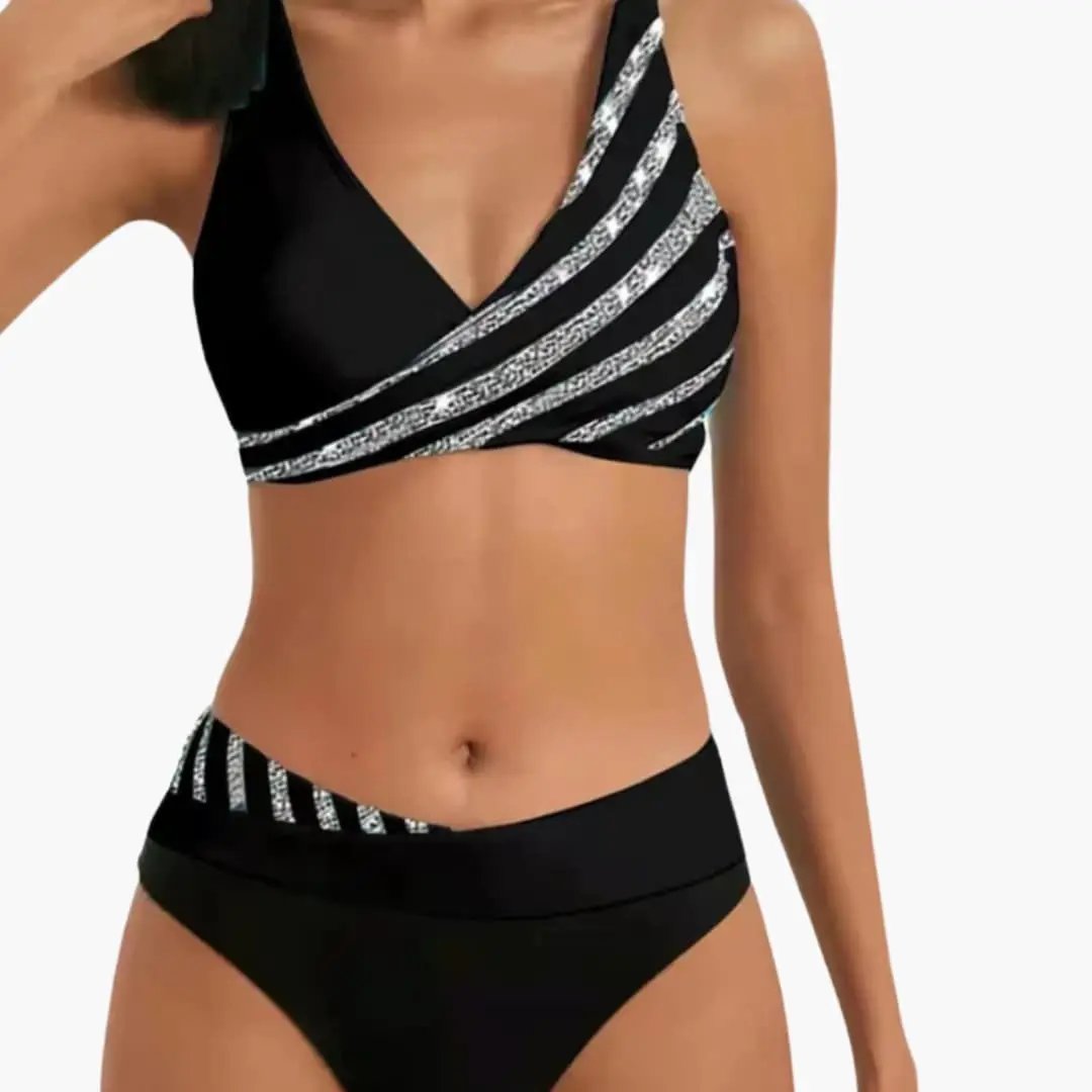Women’s high-waisted glitter stripe bikini set, 2-piece black with silver diagonal glitter stripes; wrap-top and high-waisted bottoms