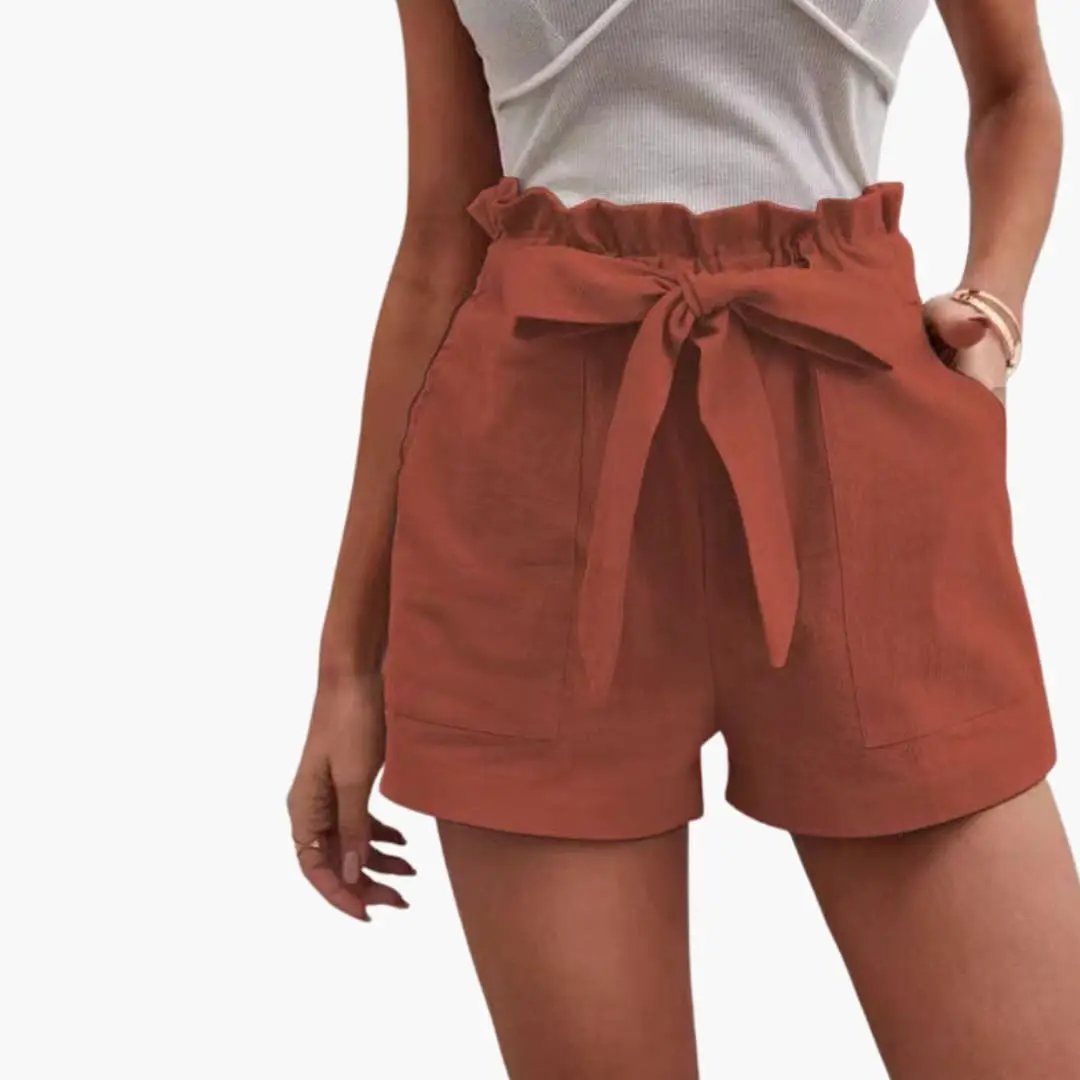 Women's High-Waisted Shorts with Drawstring and Pockets, rust-colored