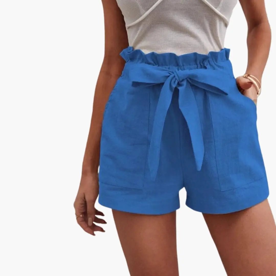 Women's blue high-waisted shorts with tie belt and front pockets