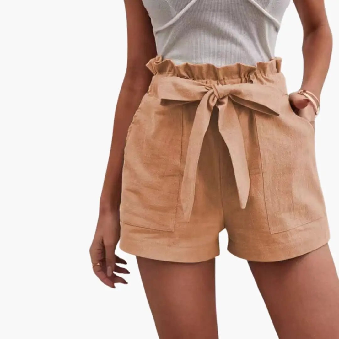 Women's high-waisted shorts with tie belt in beige linen, front pockets — Wilfred Smith