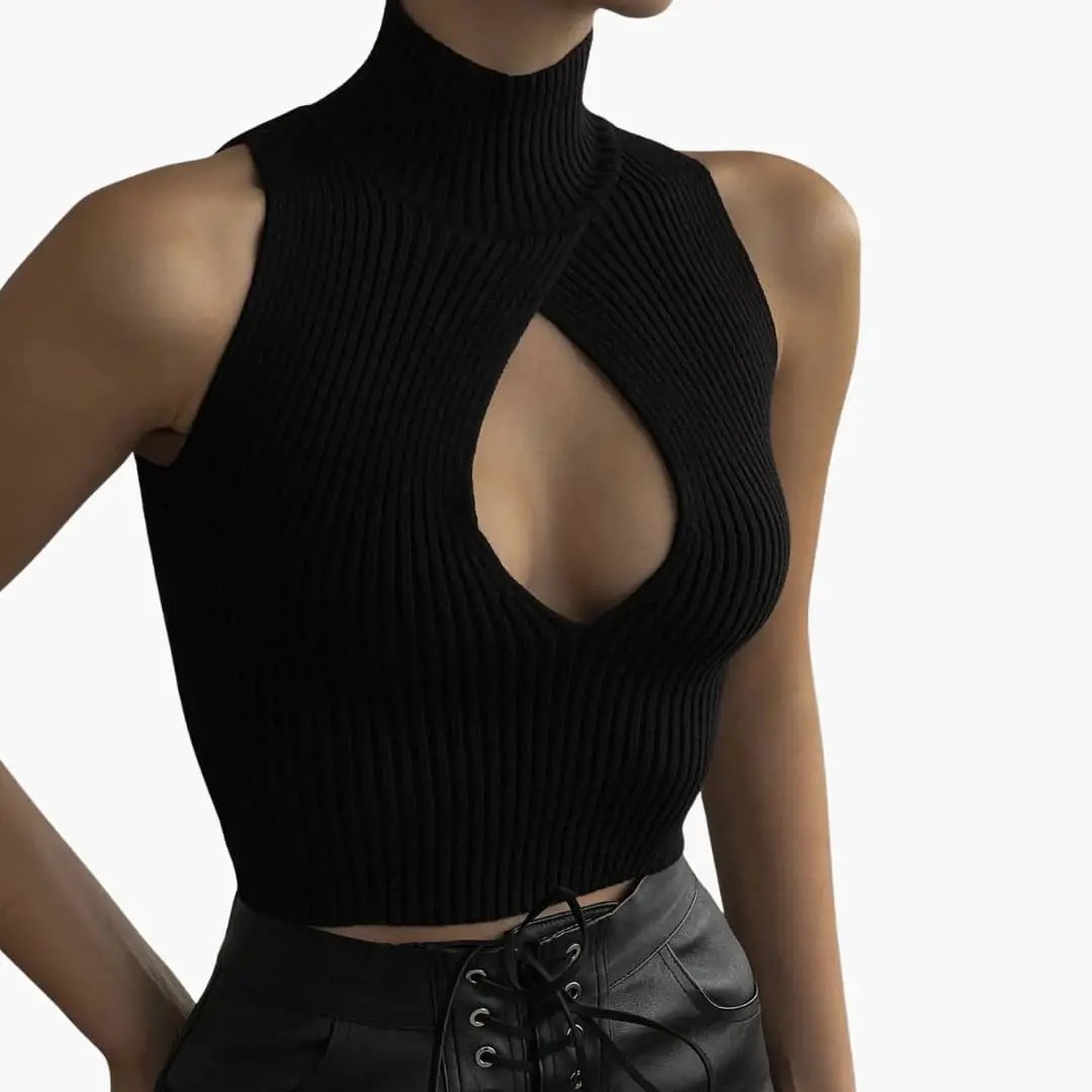 Women’s black ribbed stretch-cotton high-neck sleeveless crop top with a front cutout.