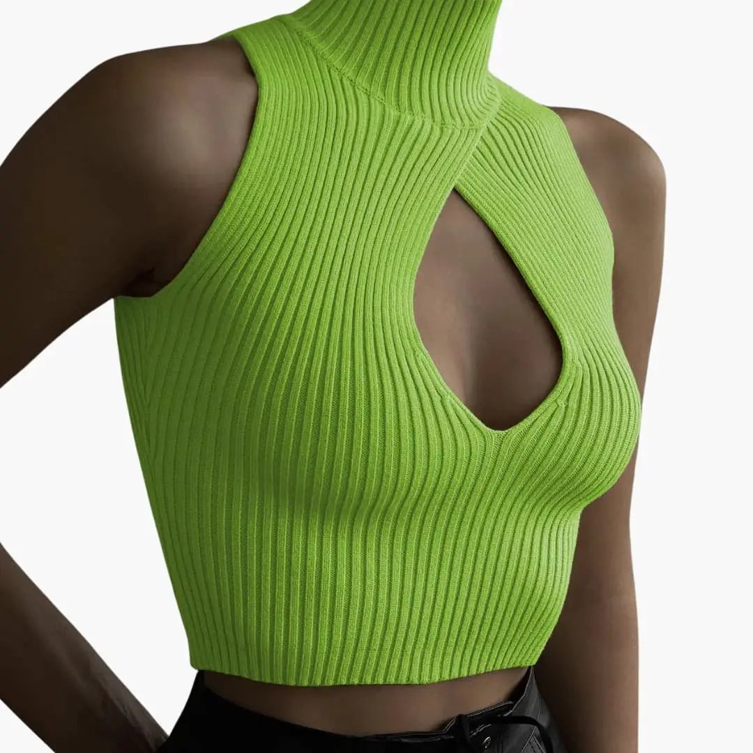 Women’s High Neck Crop Top, lime green ribbed stretch cotton, sleeveless, Wilfred Smith