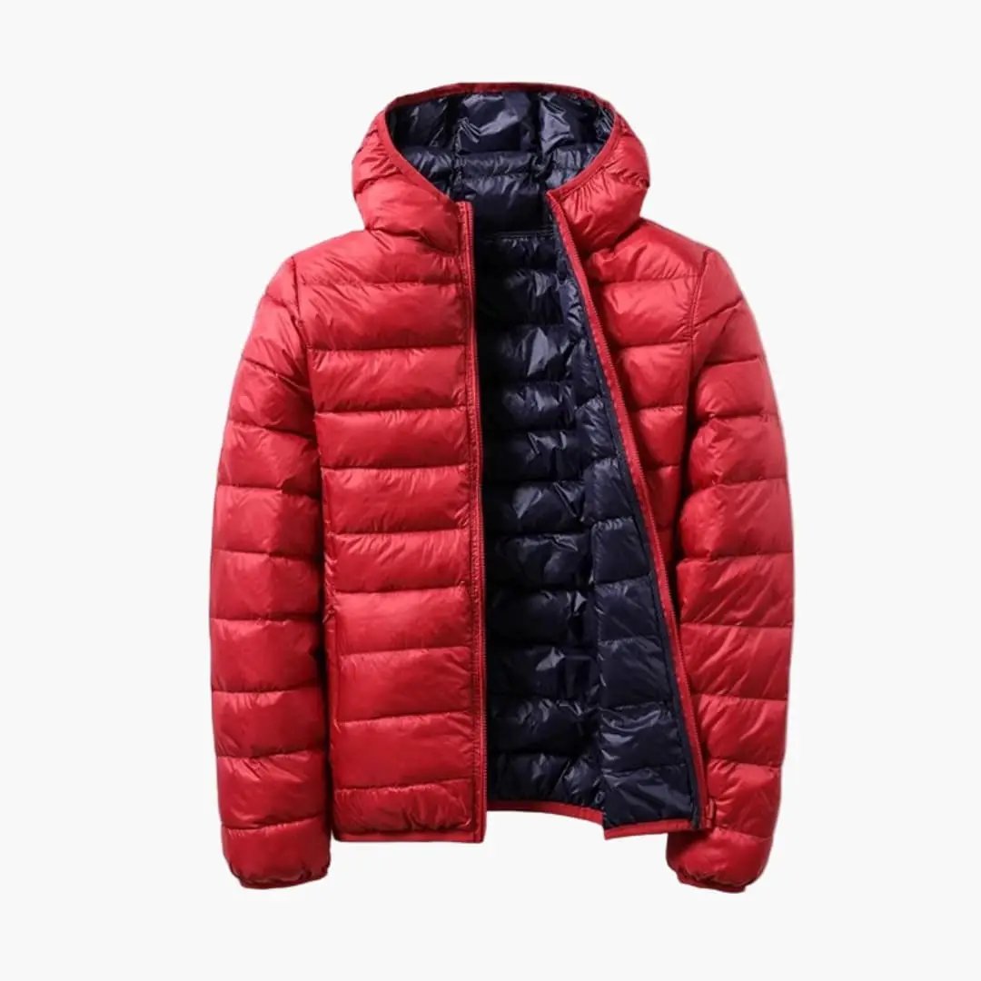 Women's reversible red puffer jacket with navy interior, hooded, zip front.