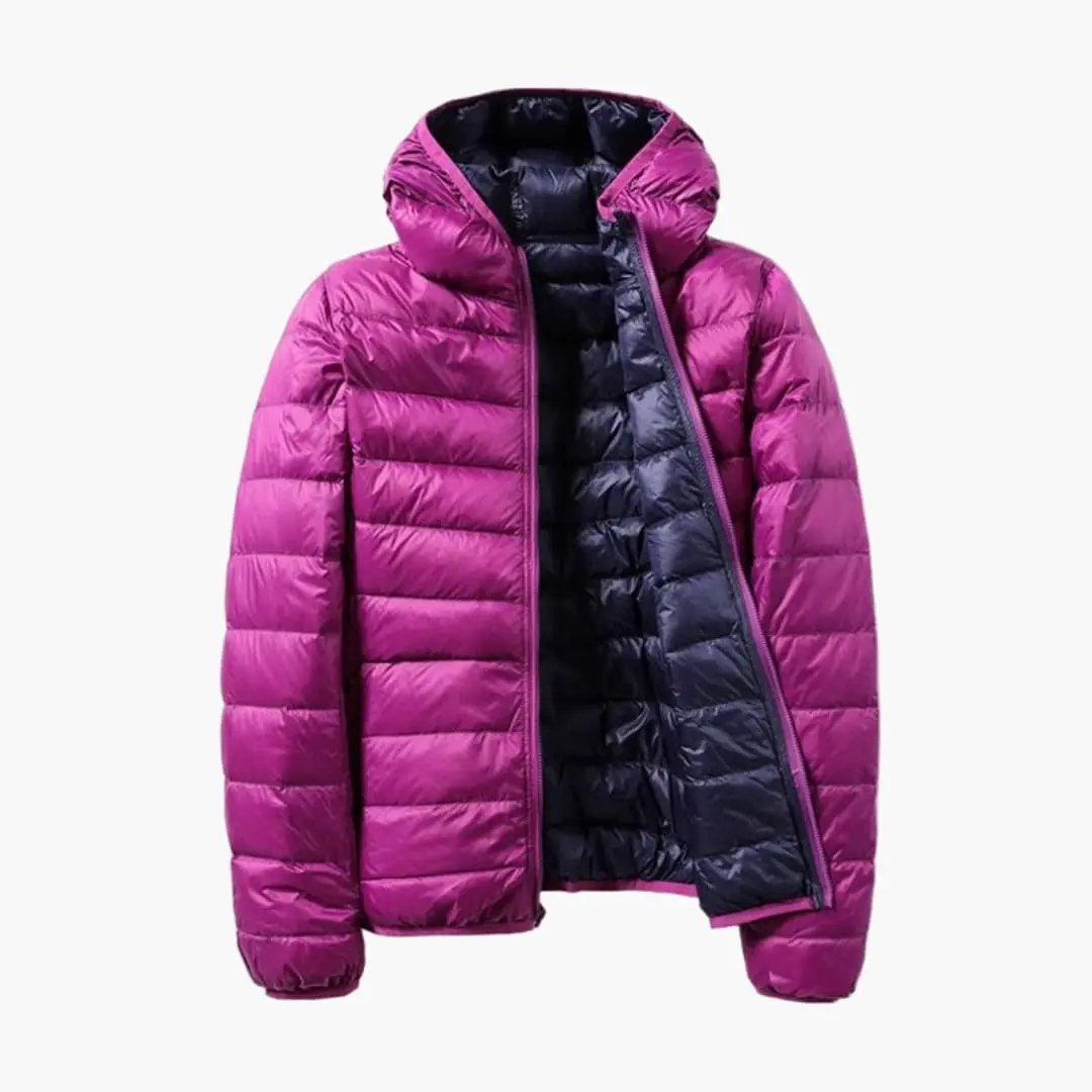 Women’s Jacket with Hood, pink reversible puffer with navy interior.