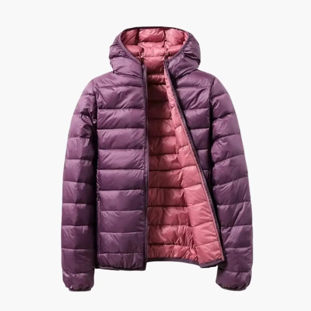 Women’s Jacket with Hood, Wilfred Smith reversible puffer jacket in purple exterior with pink lining.
