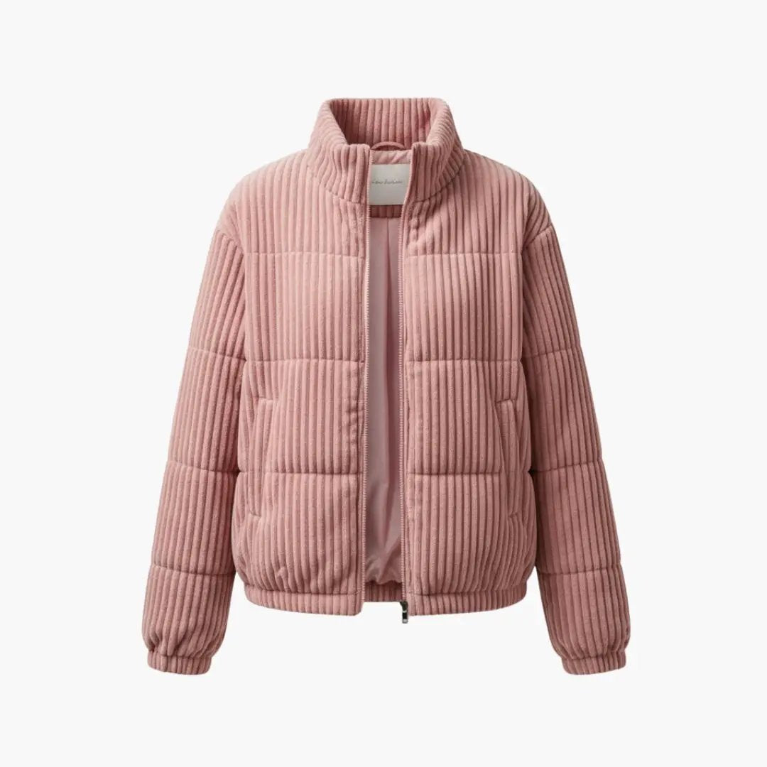 Women's jacket by Wilfred Smith with pink ribbed exterior and zipper closure