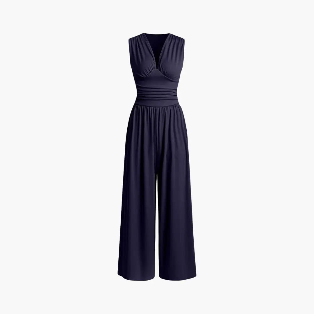 Women's jumpsuit by Wilfred Smith, navy sleeveless with wide-leg, one-piece.